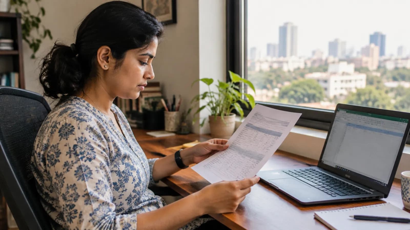 Office worker reviewing a printed payslip next to a laptop