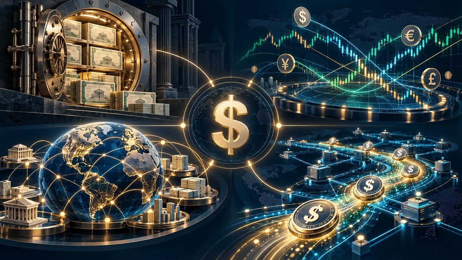 Illustration of the dollar's roles in reserves, foreign exchange, international credit and digital payments