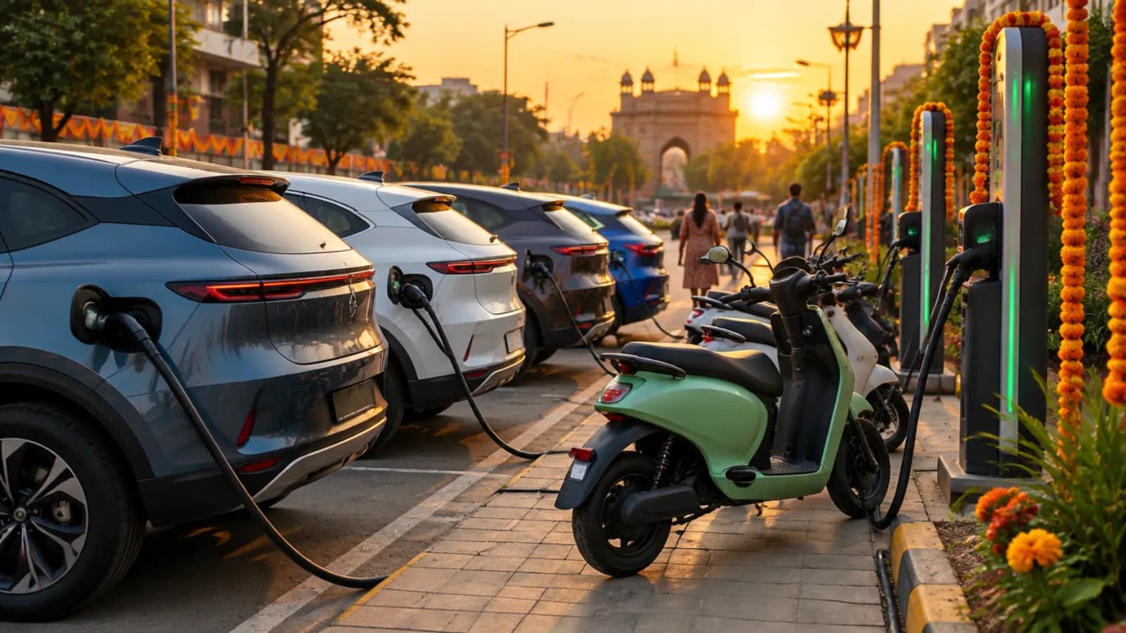 Electric cars and scooters charging at a city street charging station