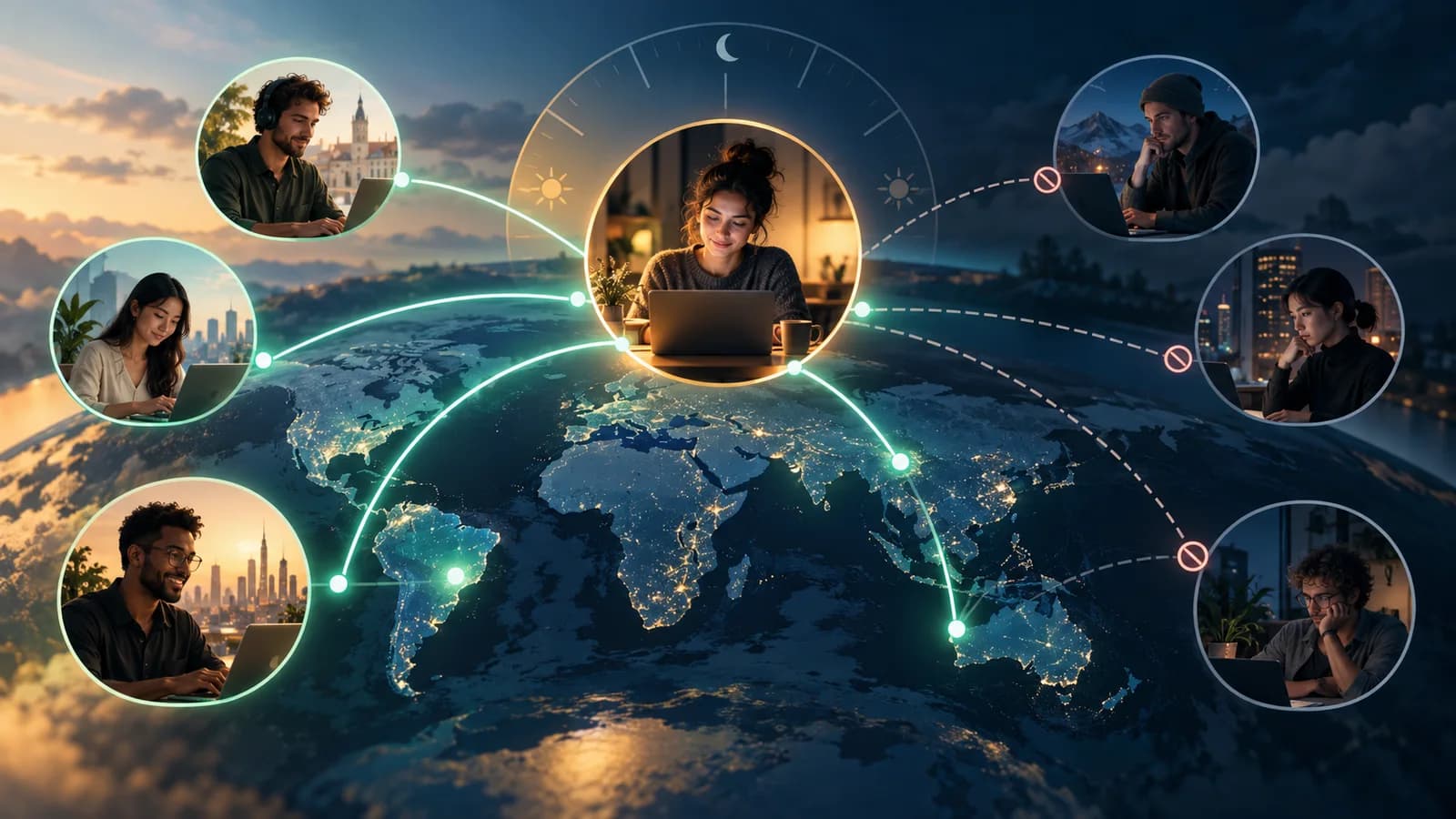 Illustration showing geographic and timezone restrictions on remote jobs