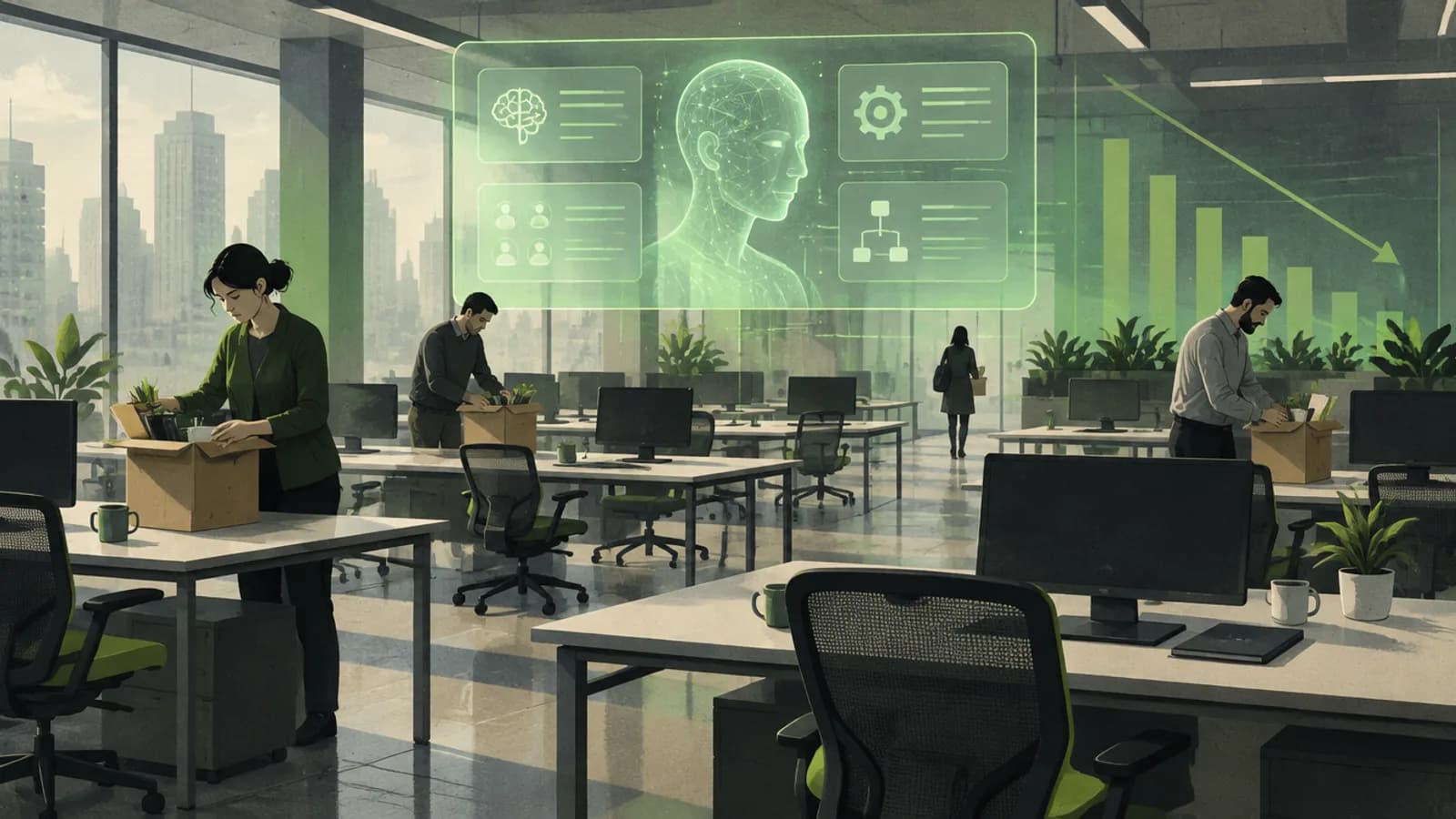 AI layoffs 2026: empty office desks with a chart of AI-attributed US job cuts by month