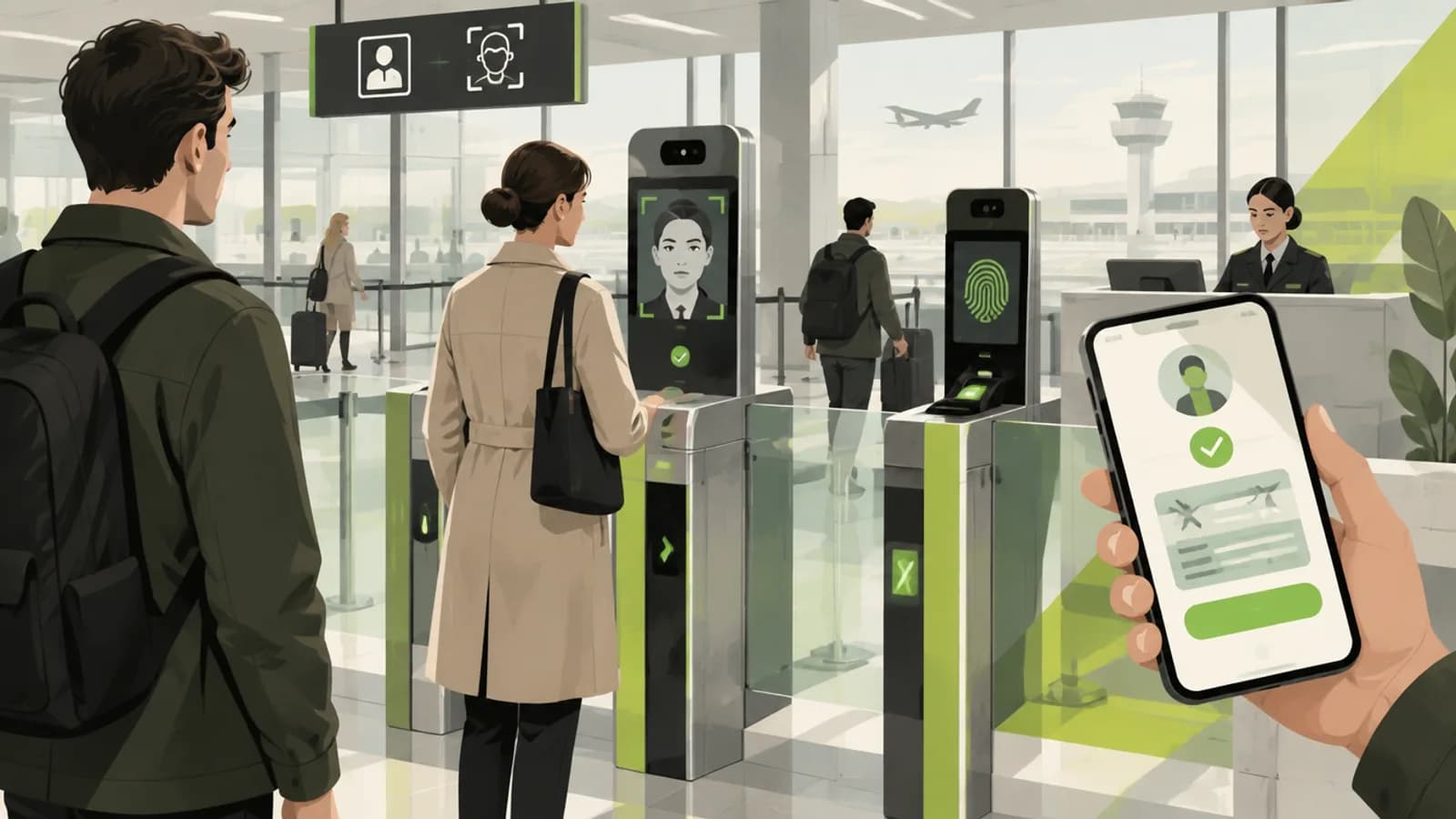 ETIAS 2026: travellers with US, UK and Canadian passports queuing at a Schengen airport border control