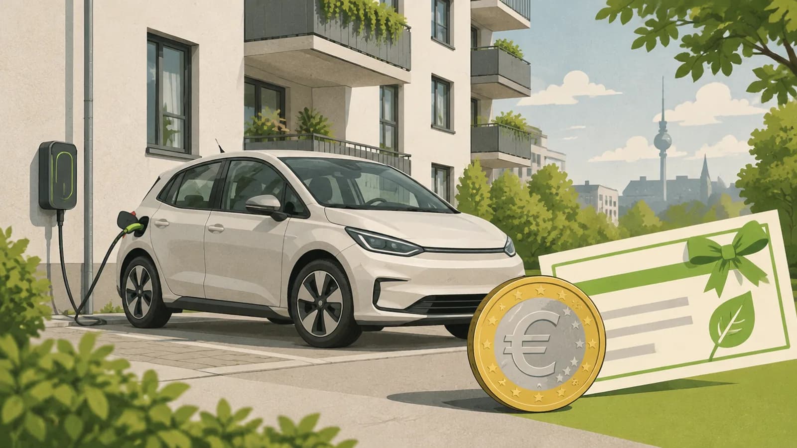 E-Auto-Prämie 2026: electric compact car charging in Germany, symbolising the up to €6,000 Elektroauto Förderung