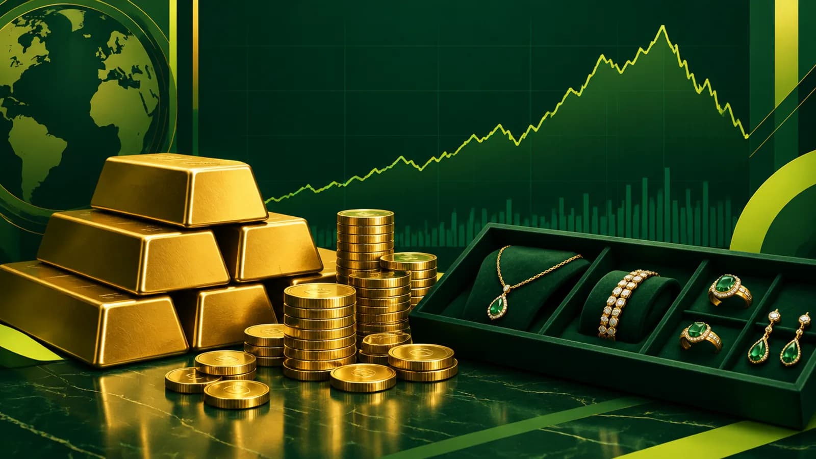 Gold price record high 2026: gold bars and coins beside a price chart that peaks in January 2026