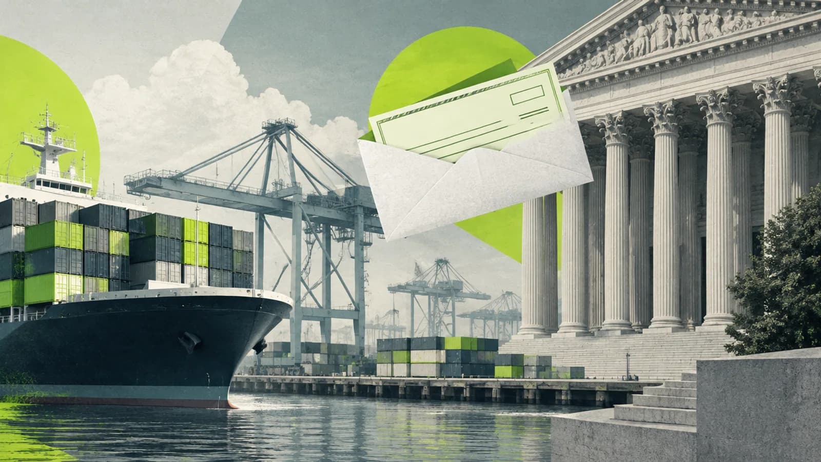 Tariff refund after the Supreme Court ruling: shipping containers at a US port beside a customs refund form