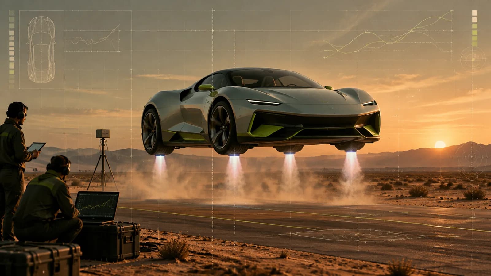 Tesla Roadster flying car prototype lifting off on cold-gas thrusters at the October 2026 unveiling