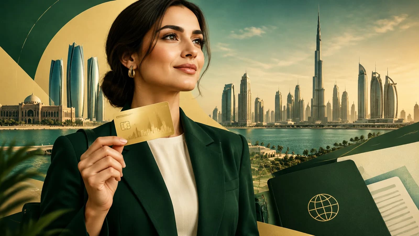 UAE Golden Visa 2026: Emirates ID card and passport on a desk with the Dubai skyline behind
