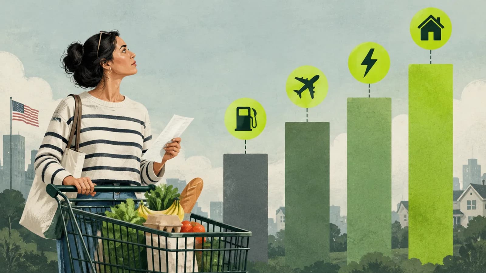 US inflation 3.7%: gas station price sign and grocery receipt showing rising consumer prices in 2026