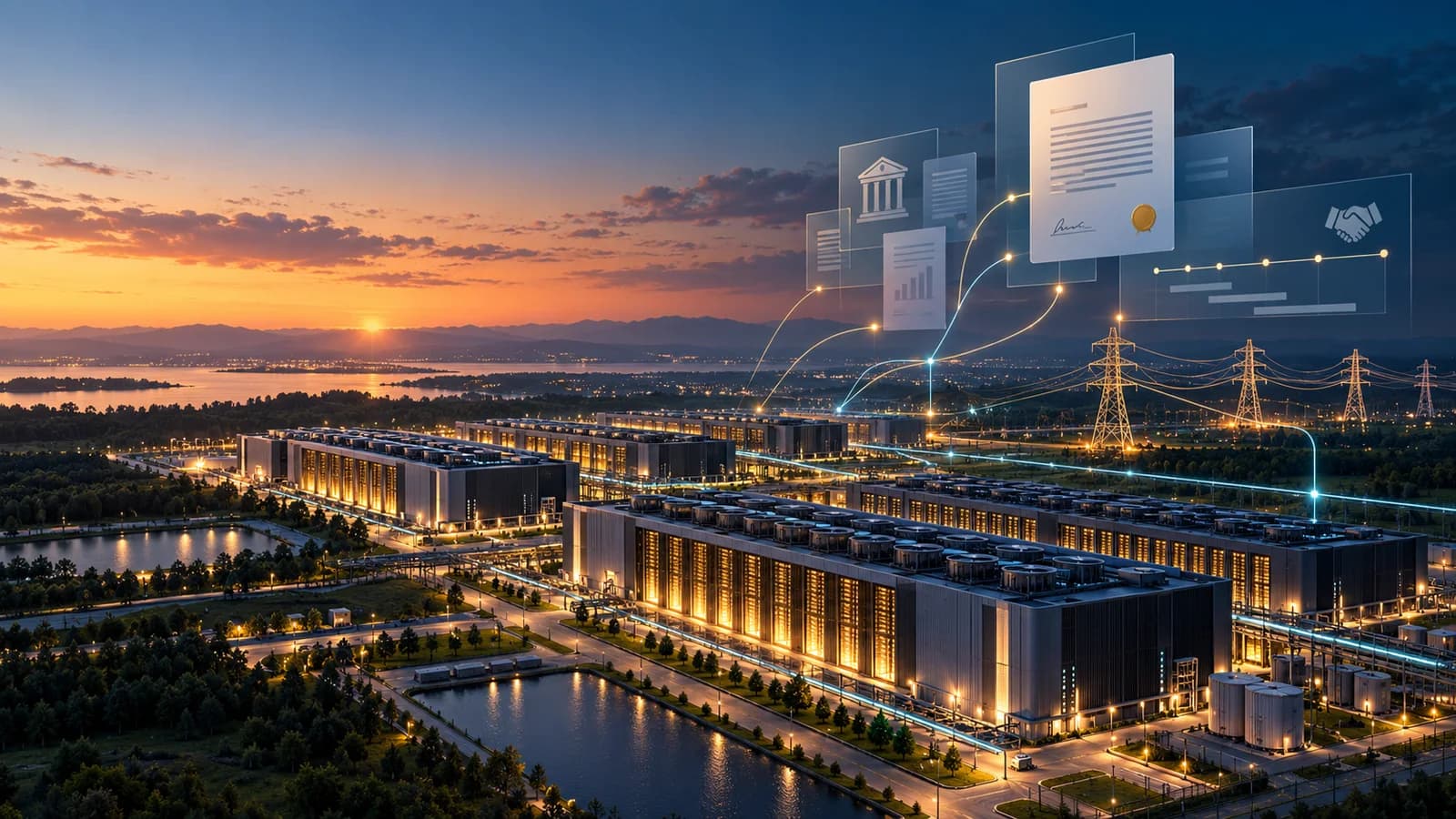 Illustration of AI data centers connected to corporate financing and long-term infrastructure commitments