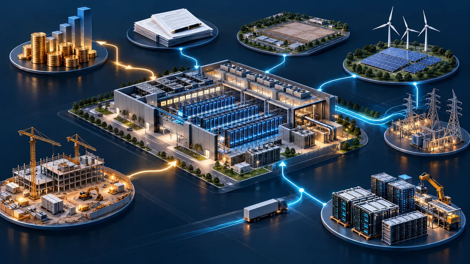 Illustration of financing, leases, power and hardware commitments behind an AI data center