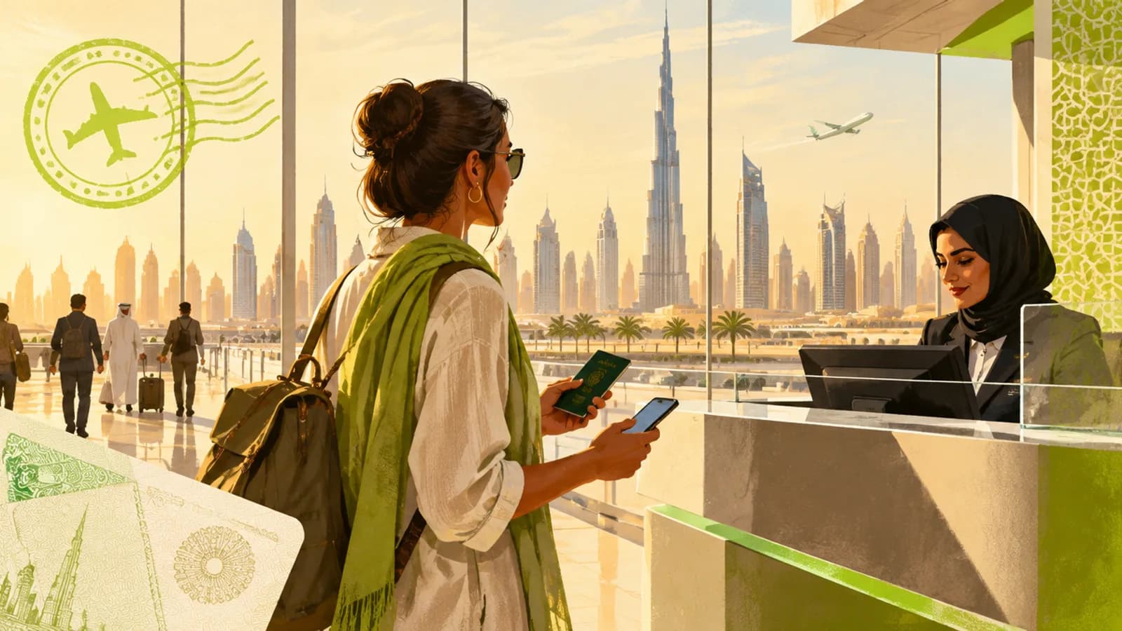 Dubai tourist visa 2026: traveller holding a passport at Dubai International Airport arrivals