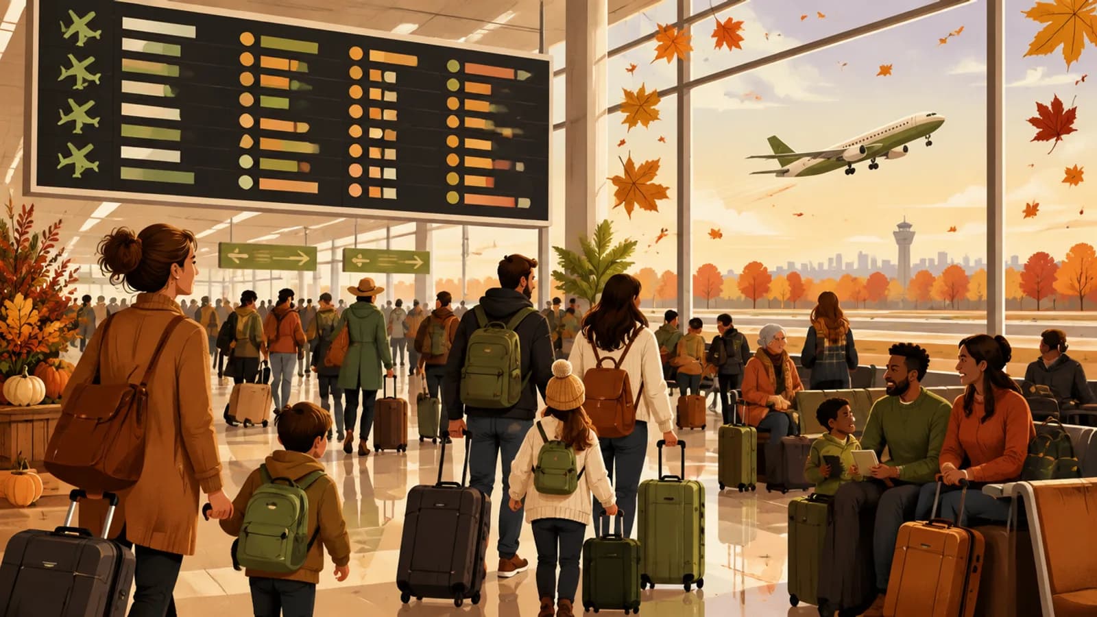Busy US airport departure hall before Thanksgiving 2026 as flight prices hit a 10-year high