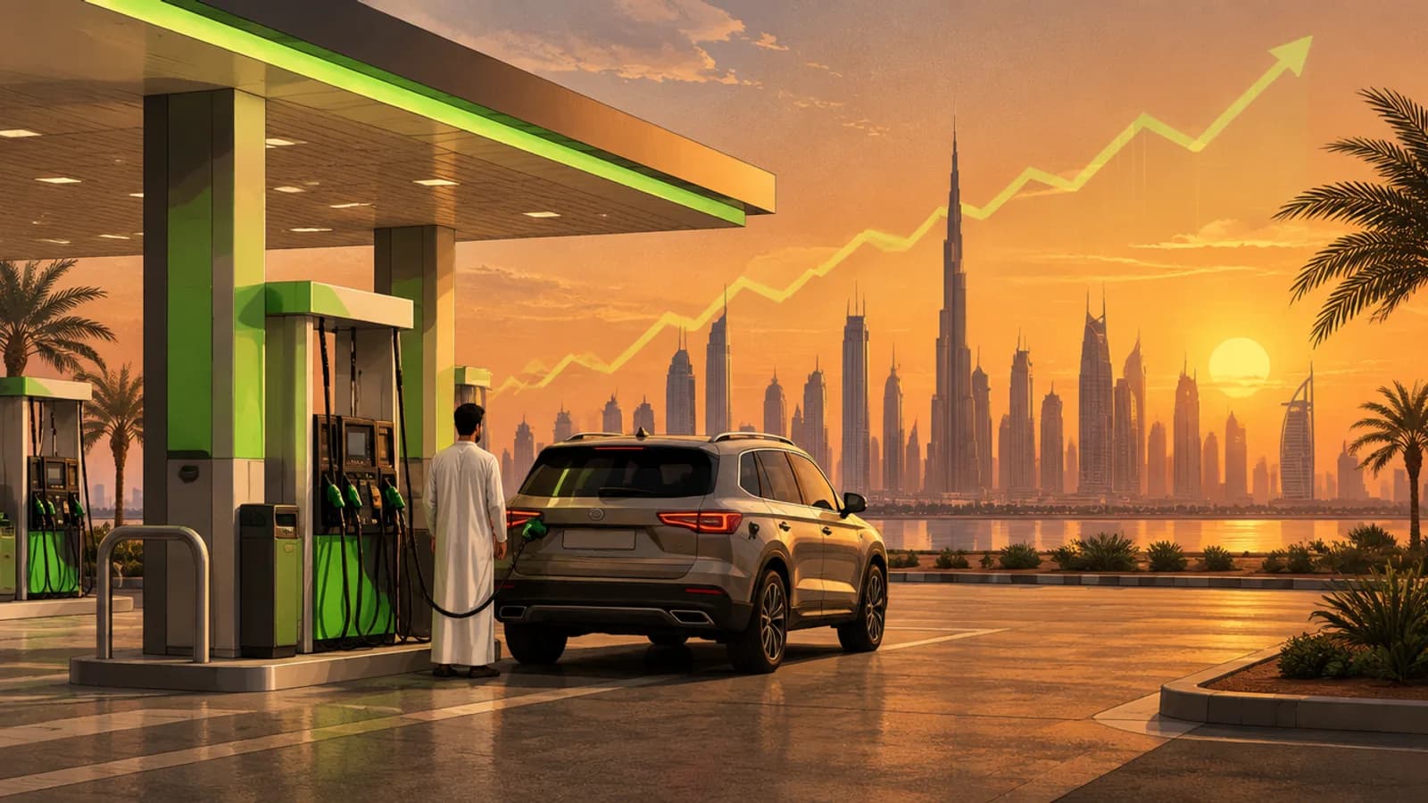 UAE petrol prices 2026: fuel pump display at a Dubai petrol station showing Super 98 above Dh4 per litre