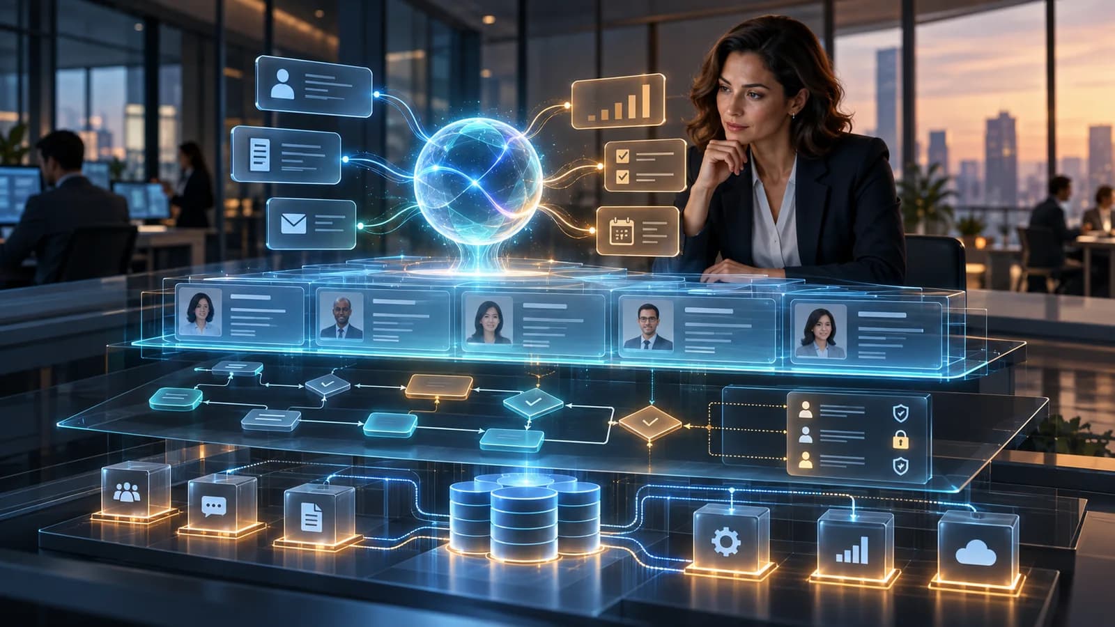 Illustration of AI agents automating work across an enterprise CRM system